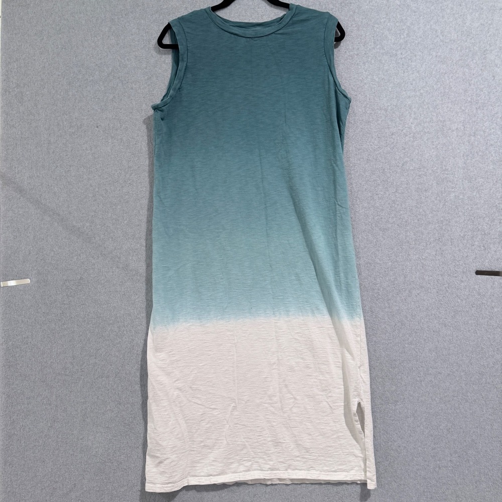 Womens Coastal Boho Teal White Dip Dye Cotton Sleeveless Midi Tank Dress L